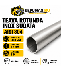 Teava rotunda inox sudata AISI 304, 50.8 x 1.5 mm, 6 metri Teava rotunda inox sudata AISI 304, 50.8 x 1.5 mm, 6 metri